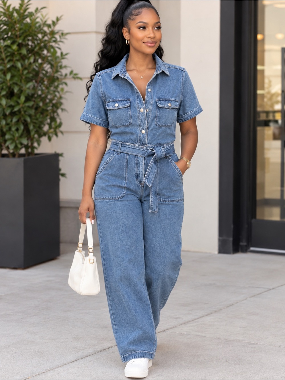 Old Navy Denim Short-Sleeve One-Piece Jumpsuit in Light Blue